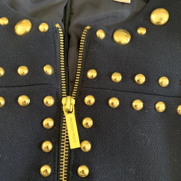 MICHAEL KORS Navy Zip Front Sleeveless Gold Studded Dress - Picture 3 of 7